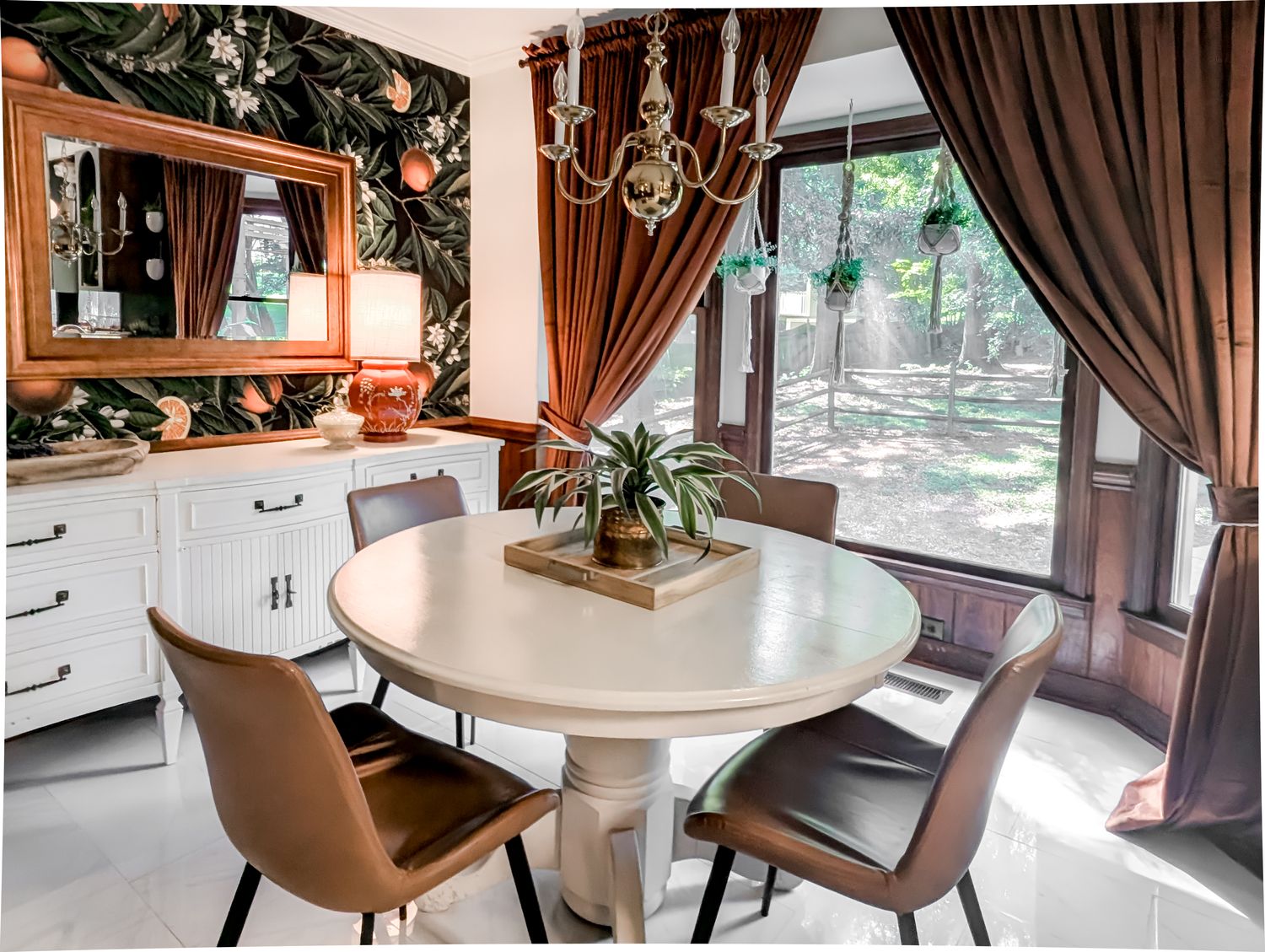 Breakfast nook with botanical wallpaper